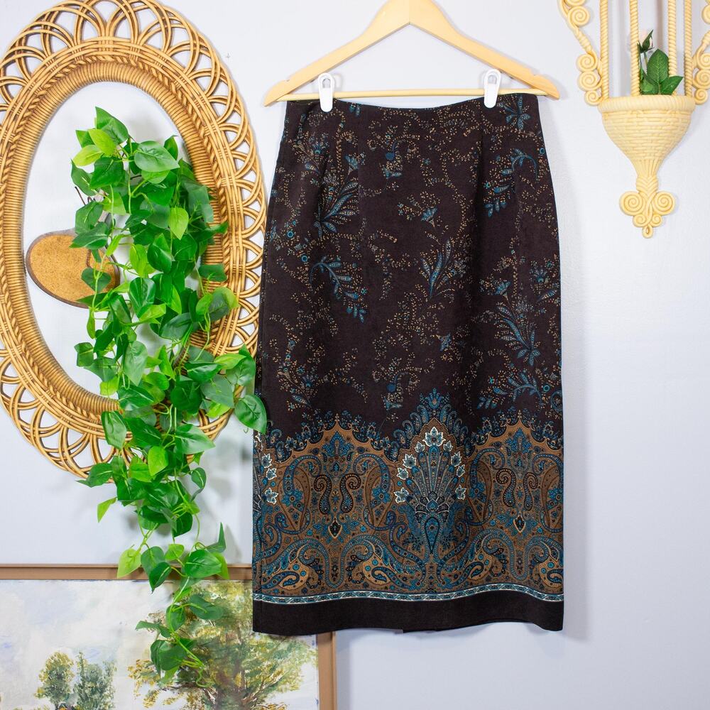 Brown Paisley Border Print Midi Skirt Ornate Baroque Boho Briggs | Dark Autumn
